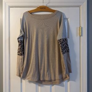 4/$25! Women's Crew Neck Long Sleeve Striped Leopard Print Top - Sz L